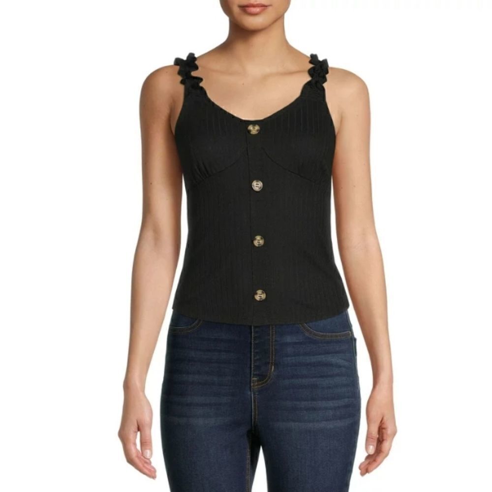 Rib Button Front Ruffle Strap Tank Top 2-Pack Size XS - Picture 2 of 11